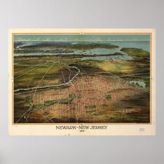 Poster 1916 Newark, NJ Birds Eye View Panoramic Map (Devant)