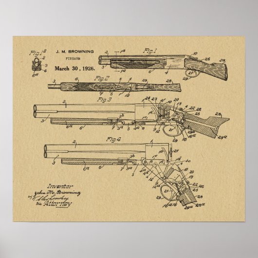 Poster 1926 Browning Shotgun Patent Art Drawing Print (Devant)