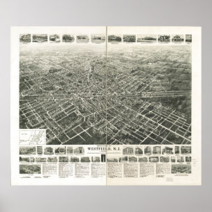 Poster 1929 Westfield, NJ Birds Eye View Panoramic Map