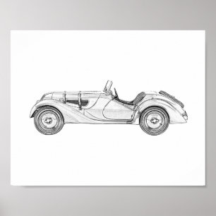 Poster 1936 BMW 328 Roadster Art crayon noir et blanc
