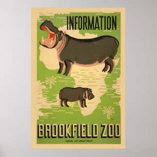 Poster 1937 Voyez l'Hippopotame au zoo de Brookfield à Ch