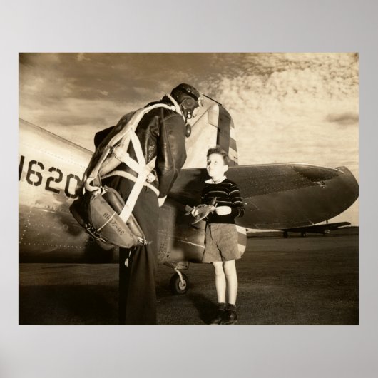 Poster 1940 Pilote militaire américain et jeune garçon (Devant)