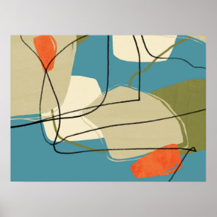 Poster 1950 Mid Century Moderne Abstrait Bleu et beige