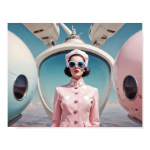 1950 Rétro Futurisme hôtesse femme en rose