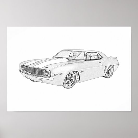Poster 1969 Chevy Camaro style crayon noir et blanc (Devant)