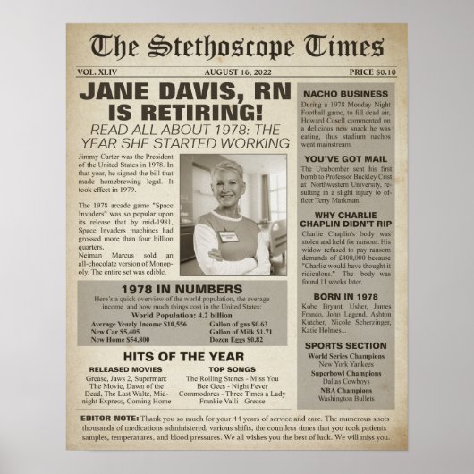 Poster 1978 Stethoscope Times for Nurse Retirement Party (Devant)