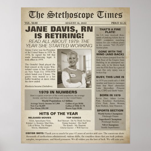 Poster 1979 Stethoscope Times for Nurse Retirement Party (Devant)