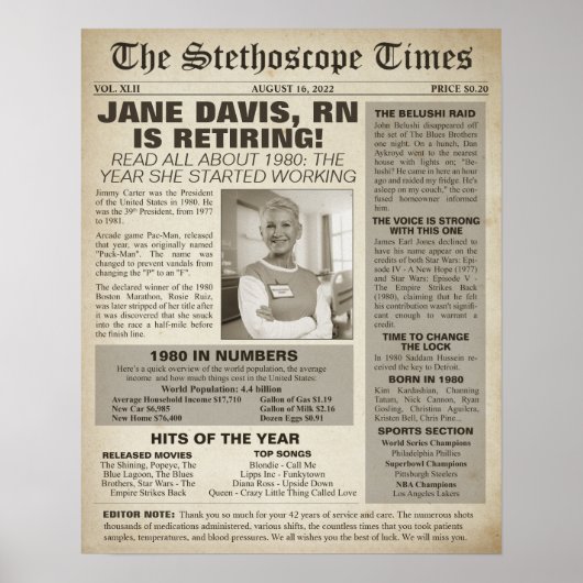 Poster 1980 Stethoscope Times for Nurse Retirement Party (Devant)