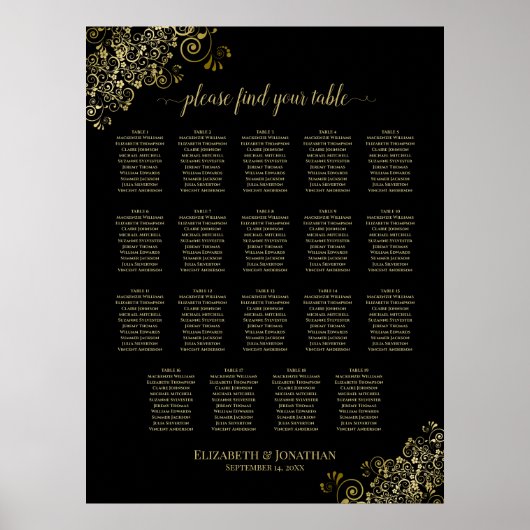 Poster 19 Table Gold Frills Black Mariage Seating Chart (Devant)