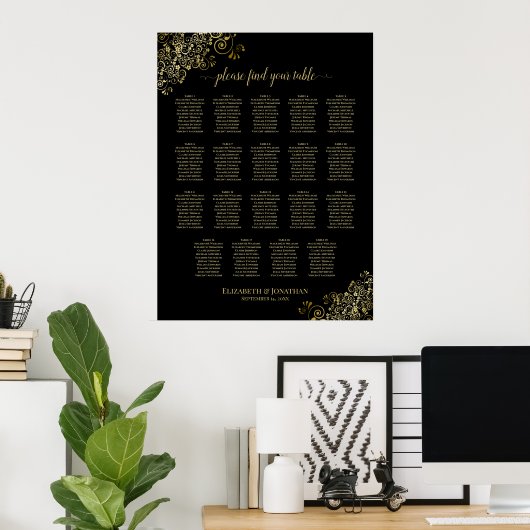 Poster 19 Table Gold Frills Black Mariage Seating Chart (Bureau à domicile)
