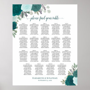 Poster 19 Table Turquoise & Aqua Floral Plan de Table de