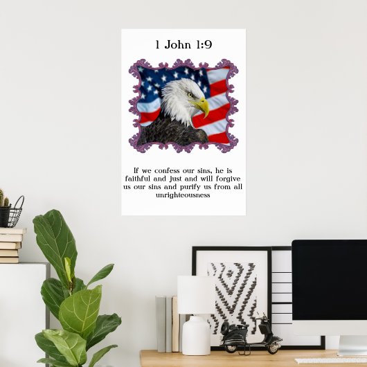 Poster 1 Jean 1:9 Avec un aigle devant le drapeau américa (Bureau à domicile)