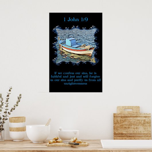 Poster 1 Jean 1:9 avec un vieux bateau dans l'océan calme (Cuisine)
