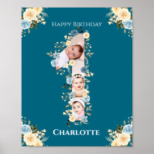 Poster 1er anniversaire Photo Turquoise Collage bleu jaun