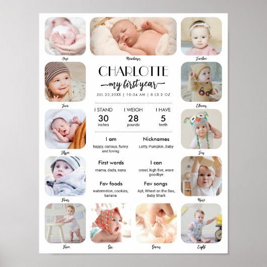 Poster 1st Birthday Baby Milestone Custom Picture Collage (Devant)