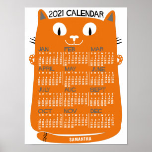 Poster 2021 Année Calendrier mensuel Mi-Siècle Orange Cha