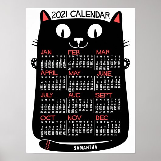Poster 2021 Year Monthly Calendar Mid-Century Black Cat (Devant)