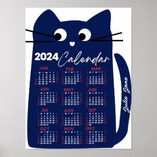 Poster 2024 Année Calendrier mensuel Mi-Siècle Blue Cat