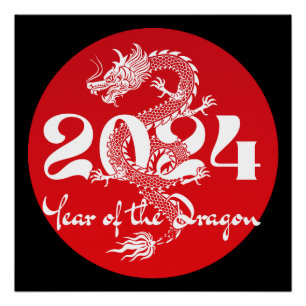 Poster 2024 année du dragon rouge blanc