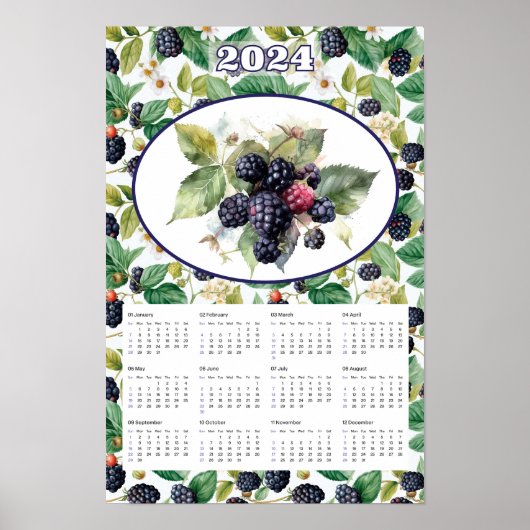 Poster 2024 Calendrier Vintage Blackberries Aquarelle (Devant)
