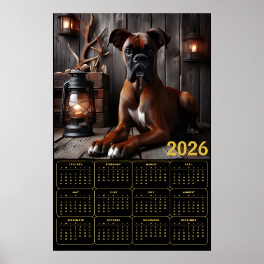 Poster 2026 Boxer Dog Calendar – Rustic Cabin Portrait (Devant)