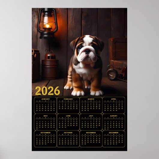 Poster 2026 Bulldog Puppy with Lantern Calendar (Devant)