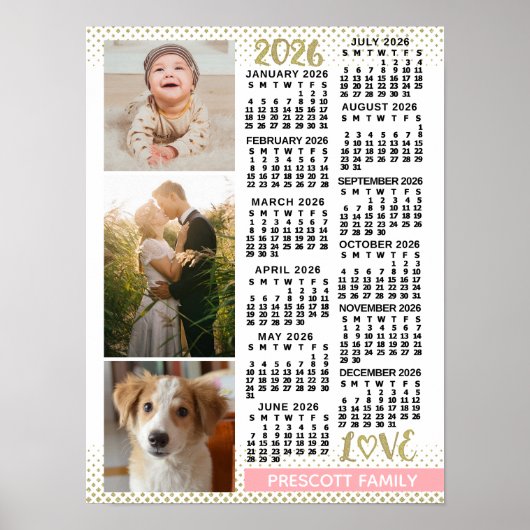 Poster 2026 Calendar Blush Pink Gold Family Photo Collage (Devant)