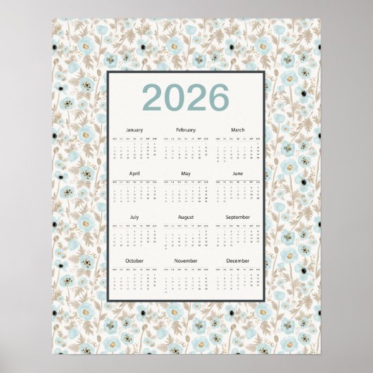 Poster 2026 Calendar Full Year Blue Cream Poppies (Devant)