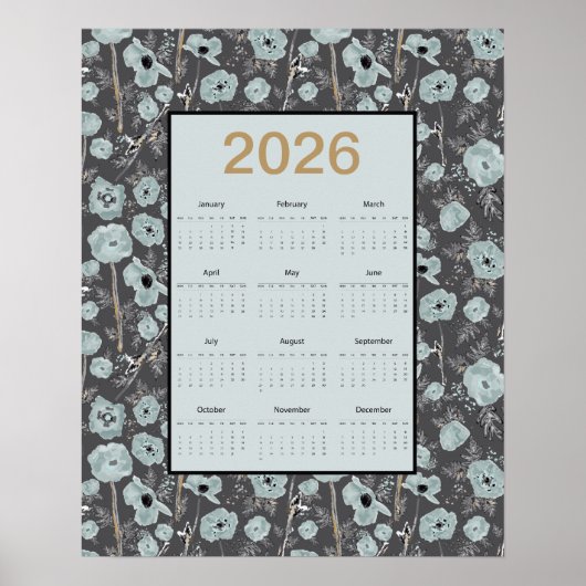 Poster 2026 Calendar Full Year Blue Gray Poppies (Devant)