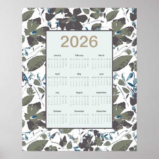 Poster 2026 Calendar Green Blue Clematis Floral (Devant)