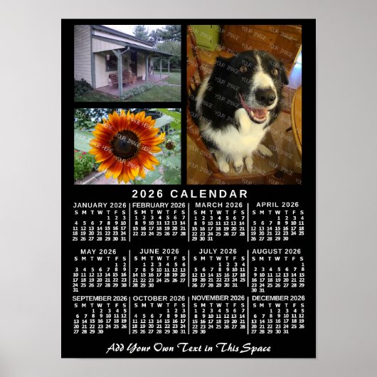 Poster 2026 Calendar Year Black Custom 3 Photos Monthly (Devant)