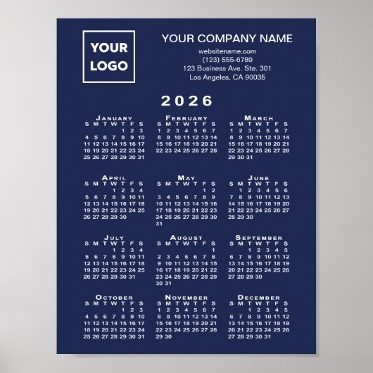 Poster 2026 Calendrier Business Logo et Texte Marine Bleu (Devant)