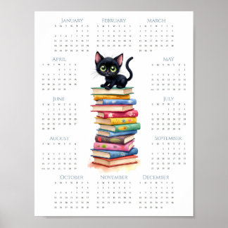 Poster 2026 Cute Black Kitten Book Stack 1-Page Calendar