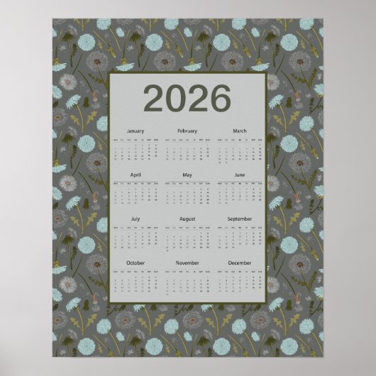 Poster 2026 Full Year Calendar Gray Blue Dandelion (Devant)