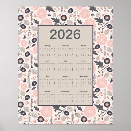 Poster 2026 Full Year Calendar Pink Gray Botanical (Devant)