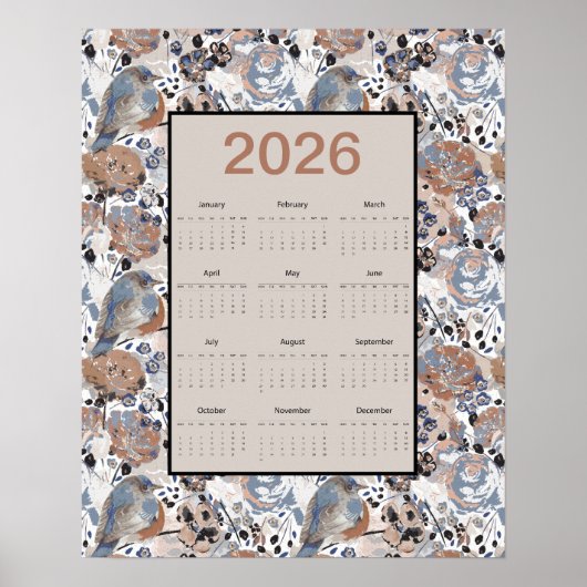 Poster 2026 Full Year Floral Bluebird Calendar (Devant)