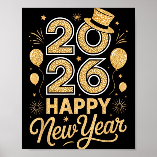 Poster 2026 Happy New Year Festive Top Hat Balloon Firewo (Devant)