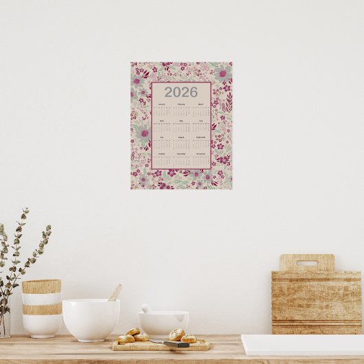 Poster 2026 Pink Gray Floral Pattern Calendar (Cuisine)