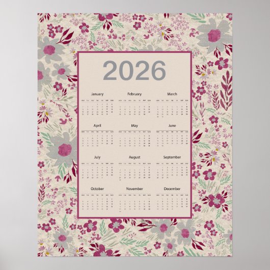 Poster 2026 Pink Gray Floral Pattern Calendar (Devant)