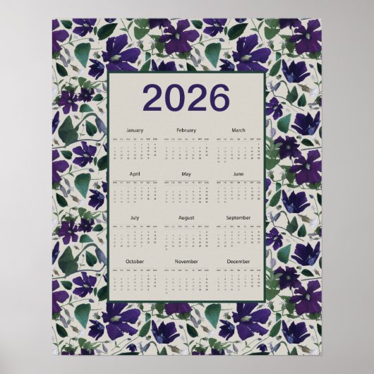 Poster 2026 Purple Clematis Flowers Wall Calendar (Devant)
