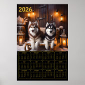 Poster 2026 Siberian Huskies on Sled Calendar (Devant)