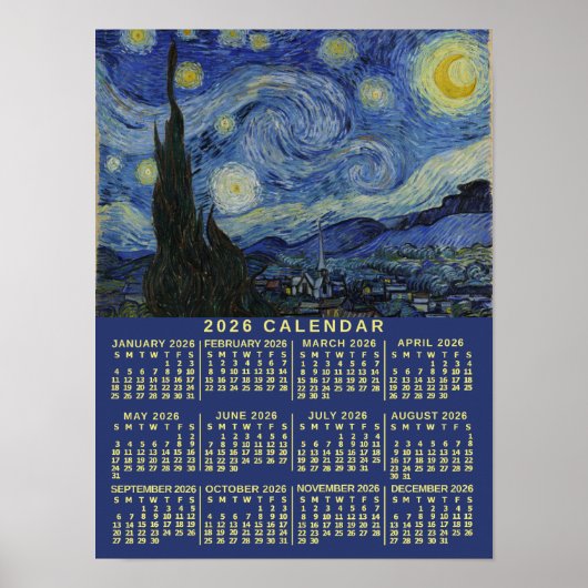 Poster 2026 Year Calendar Starry Night or Add Your Photo (Devant)