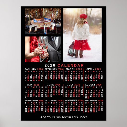 Poster 2026 Year Monthly Calendar Black Custom 3 Photos (Devant)