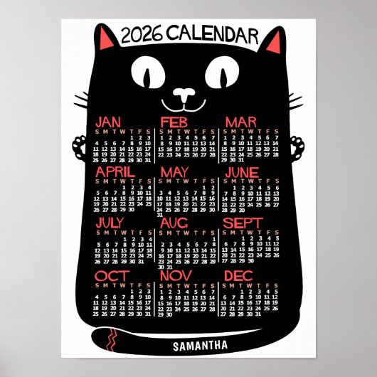 Poster 2026 Year Monthly Calendar Mid-Century Black Cat (Devant)