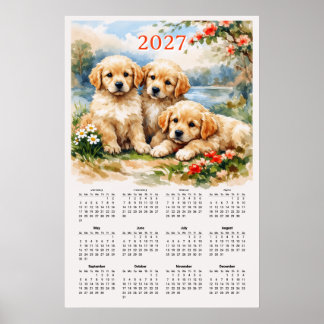 Poster 2027 Calendar - Cute Golden Retriever Puppies
