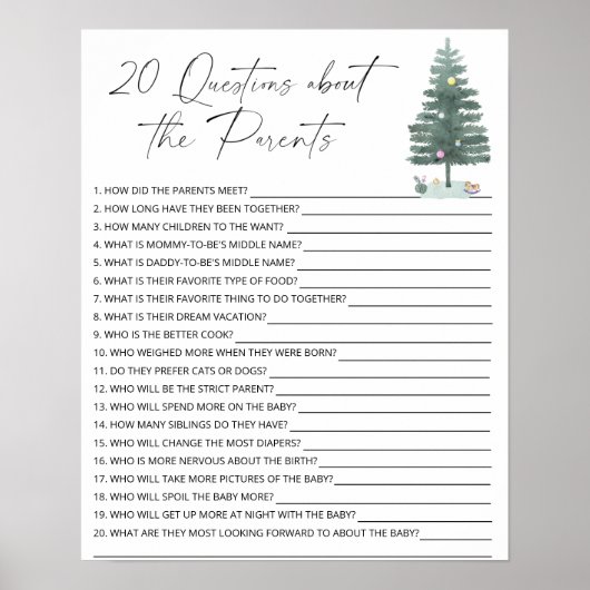 Poster 20 Questions sur le jeu de baby shower Parents (Devant)