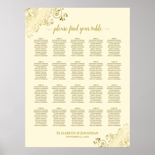 Poster 20 Table Cream & Gold Frills Mariage Seating Chart (Devant)