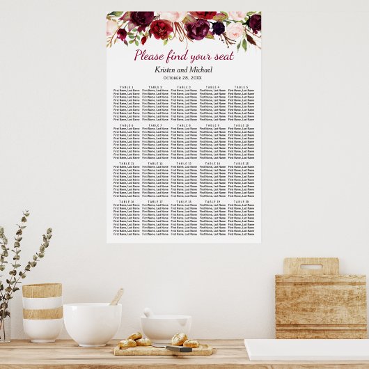 Poster 20 Tables Burgundy Floral Mariage Carte de siège (Cuisine)
