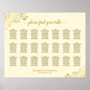 Poster 21 Table Wedding Seating Chart Cream & Gold Frills