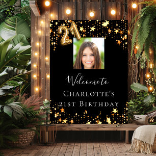 Poster 21e anniversaire Black gold stars photo bienvenue